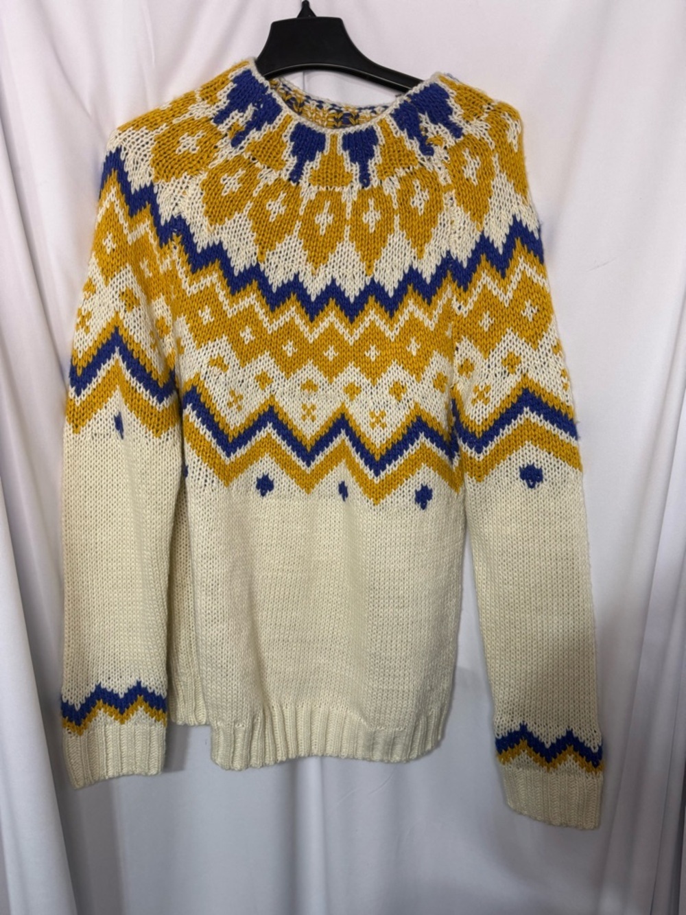 Cream Fair Isle Crewneck Sweater with Mustard and Blue Accents